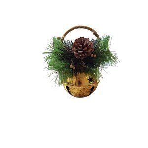 Gold Christmas Jingle Bell Ornament Pinecone Greenery Twisted Rope Handle